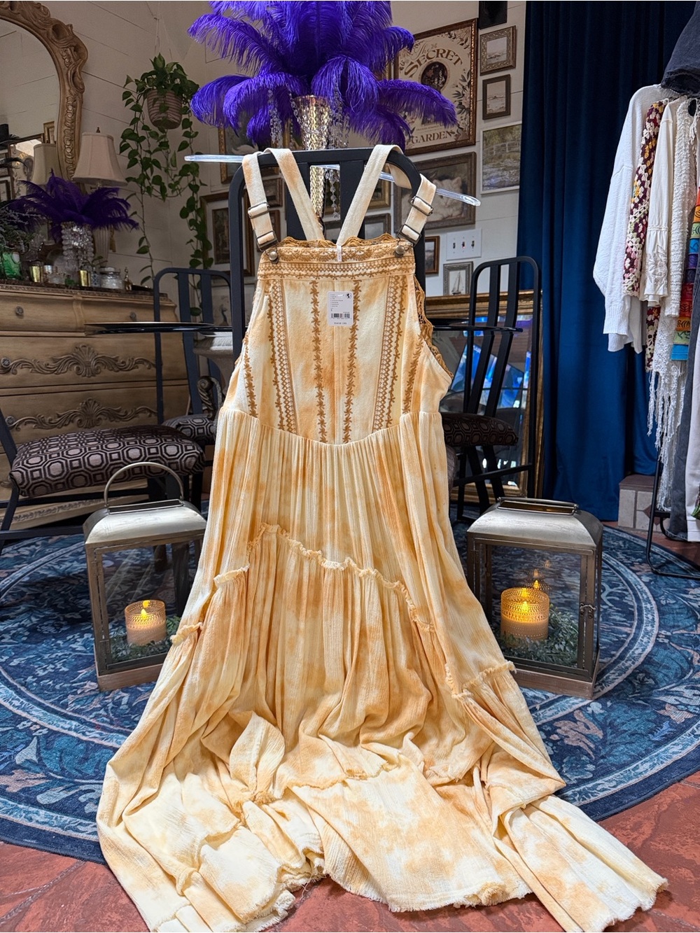 Free People Devon Skirtall Yellow Tie-Dye Embroidered Maxi Dress